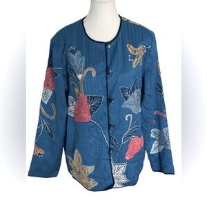 NWT Indigo Moon Embroidered Toggle Jacket Floral Cotton Blend Blue Pink Fall